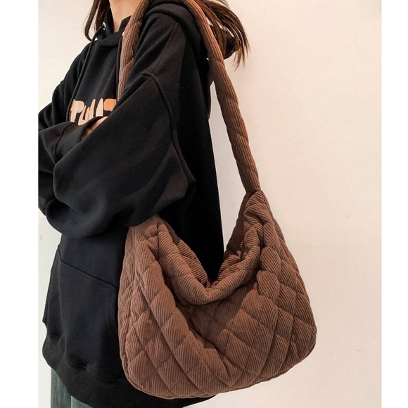 Luxe Quilted Corduroy Puffer Messenger Shoulder Crossbody Travel Bag - Picture 2 of 12